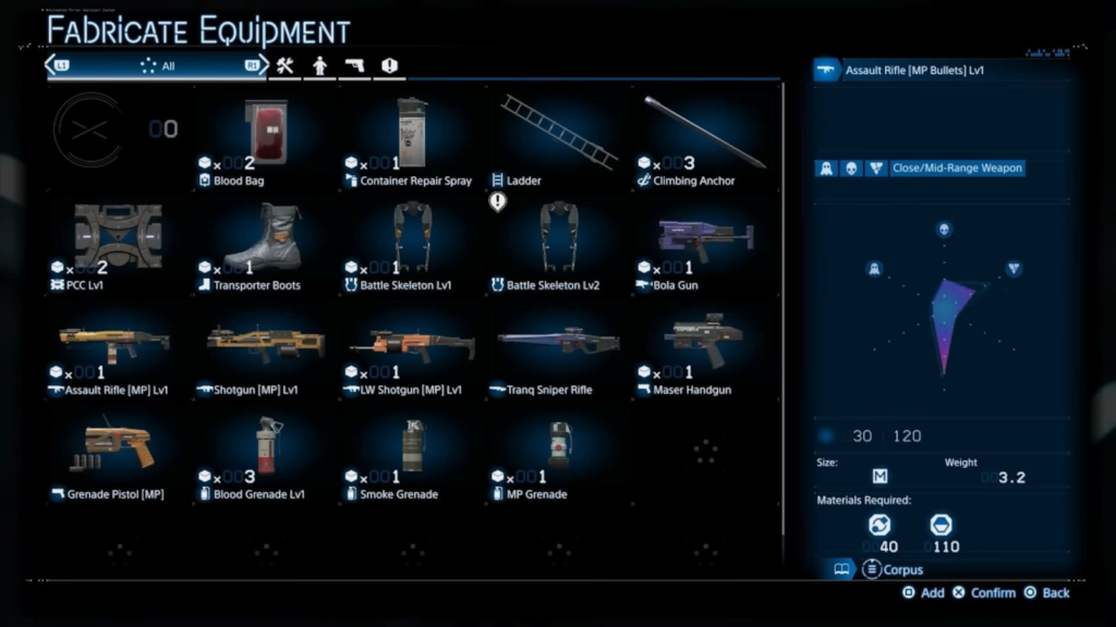 Death Stranding 2 inventory showing blood bag container erpair spary guns etc...