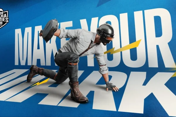 A PUBG-style character in a dynamic action pose, donning a distinctive a helmet and white shirt  is featured on the promotional poster for the BGMI India Series 2025.