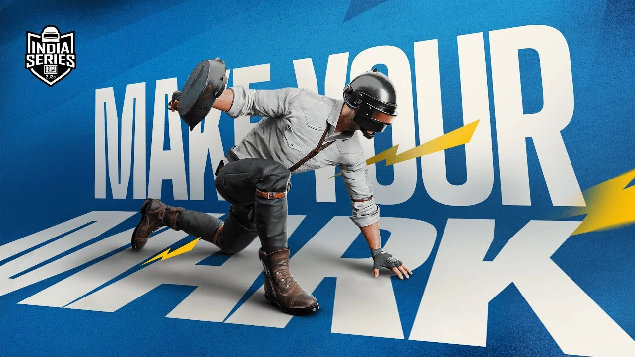 A PUBG-style character in a dynamic action pose, donning a distinctive a helmet and white shirt  is featured on the promotional poster for the BGMI India Series 2025.