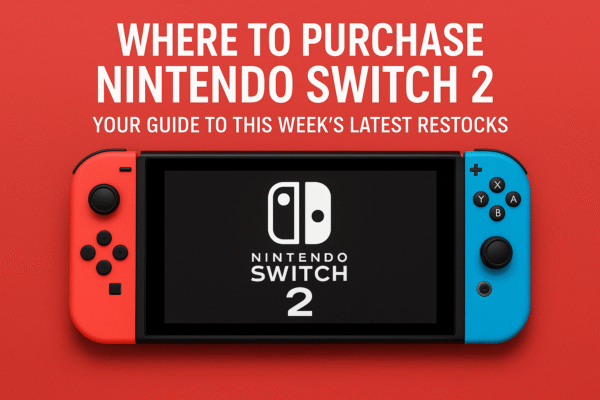 A bold, promotional digital graphic featuring a Nintendo Switch 2 console on a solid red background. The Joy-Con controllers are red (left) and blue (right), framing the console screen. On the screen, the Nintendo Switch 2 logo is prominently displayed in white. Above the console, large white text reads: “WHERE TO PURCHASE NINTENDO SWITCH 2” and smaller text underneath says: “Your guide to this week’s latest restocks.”