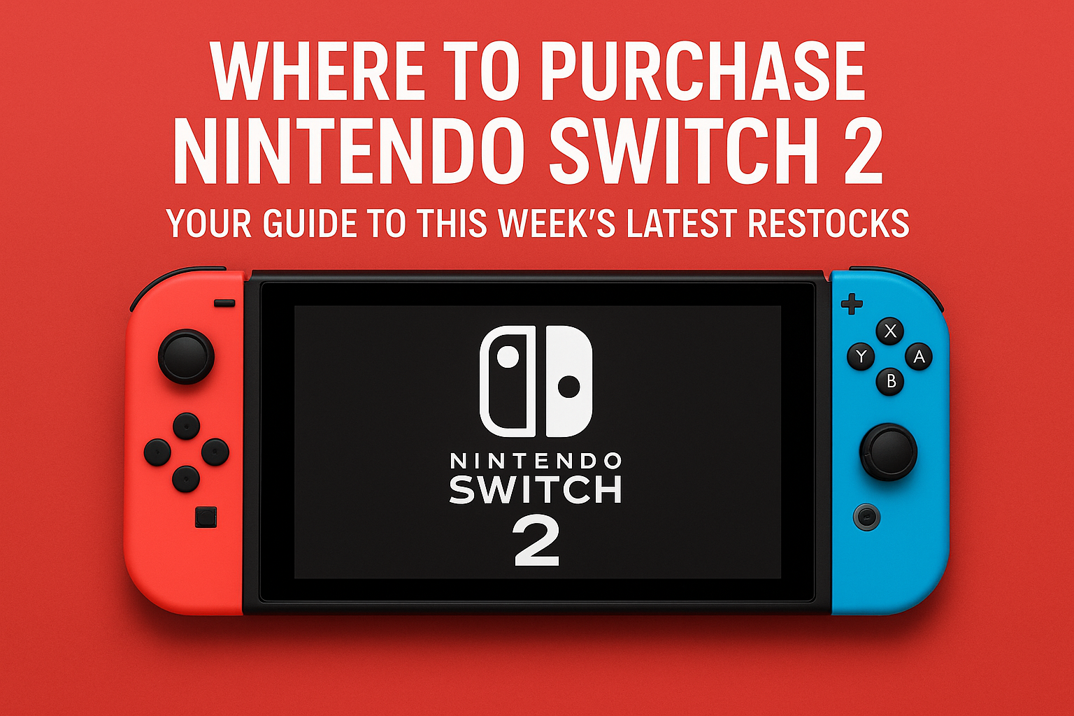 A bold, promotional digital graphic featuring a Nintendo Switch 2 console on a solid red background. The Joy-Con controllers are red (left) and blue (right), framing the console screen. On the screen, the Nintendo Switch 2 logo is prominently displayed in white. Above the console, large white text reads: “WHERE TO PURCHASE NINTENDO SWITCH 2” and smaller text underneath says: “Your guide to this week’s latest restocks.”